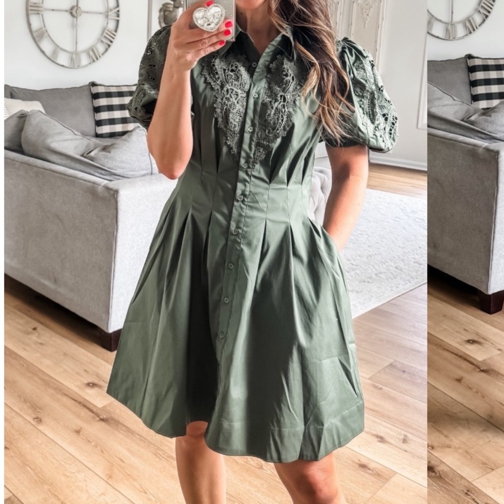 Olive Green Button Down Dress with Embroidered Sleeves, Front and Back Trim⭐️
